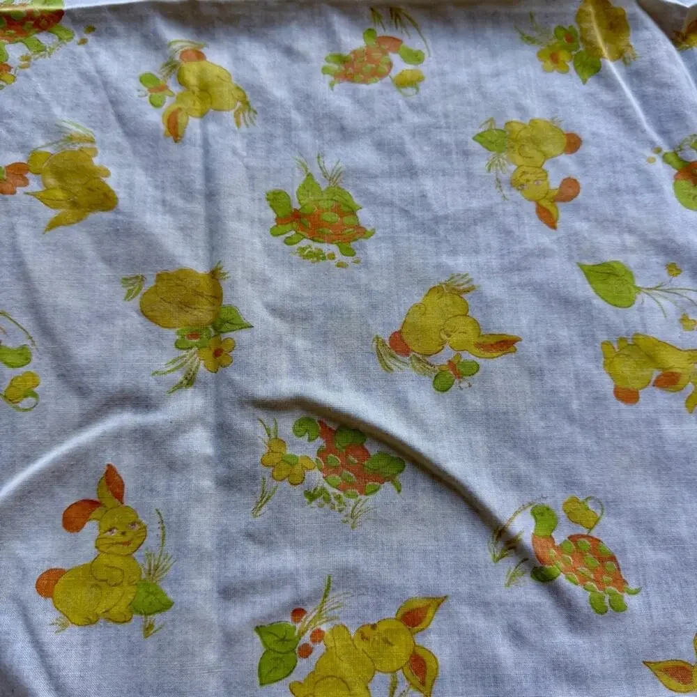 Vintage 70s Baby Crib Sheet Turtle Bunny Retro Orange Green Babycare